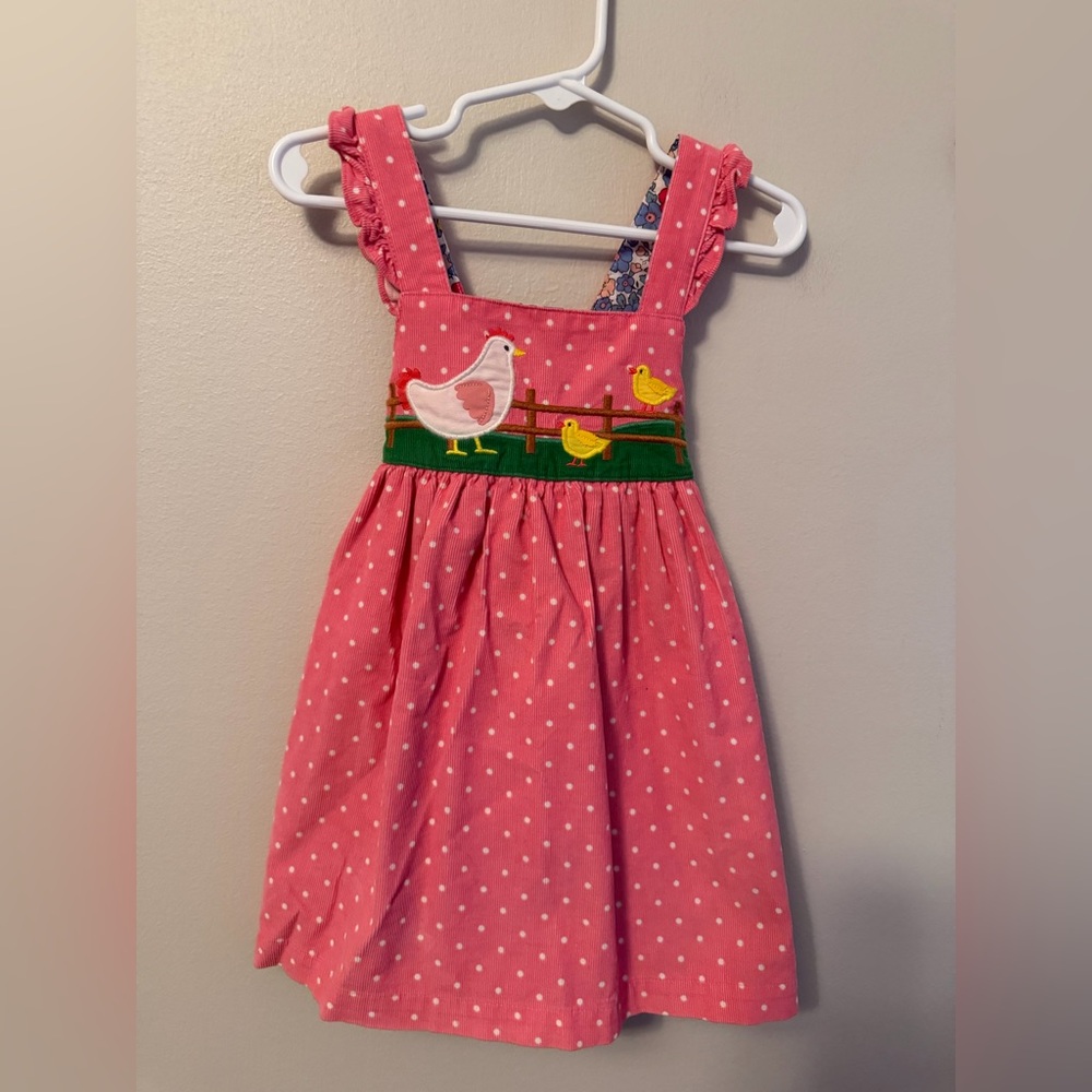 Baby Boden Pink Polka Dot Dress with Chicken Design